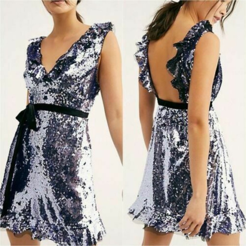 Free People Siren Sequin Lavender Black Velvet Ruffle Open Back Mini Dress - 10